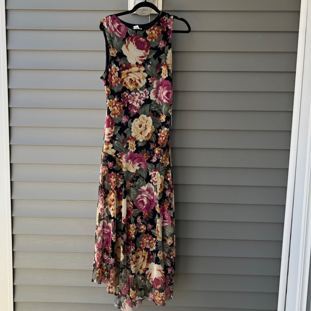 Nicole Miller Black Floral Midi Dress Size L Asymmetrical Cocktail Wedding Guest